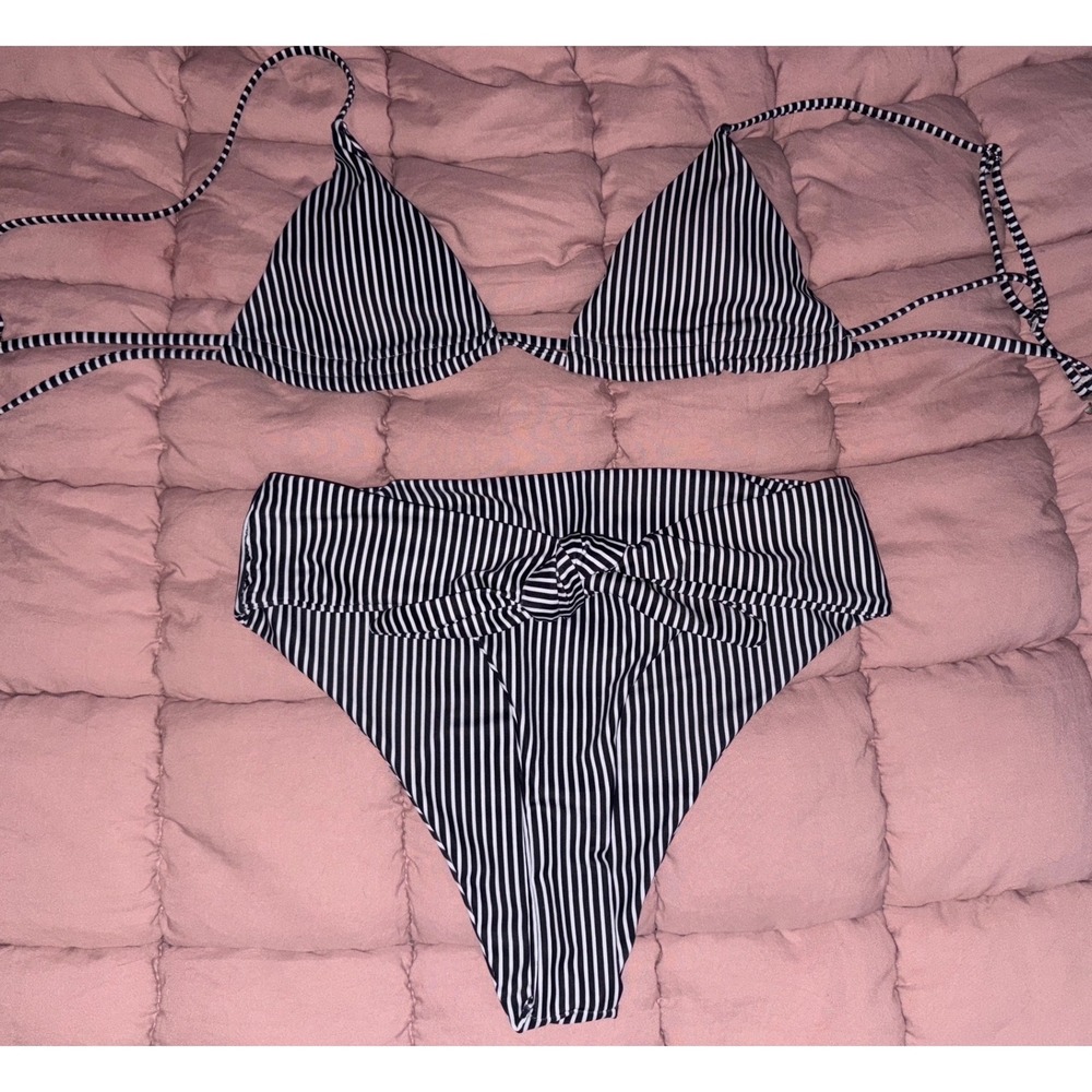 Black White Striped Triangle Bikini Set High Waist Knot Bottom Size L